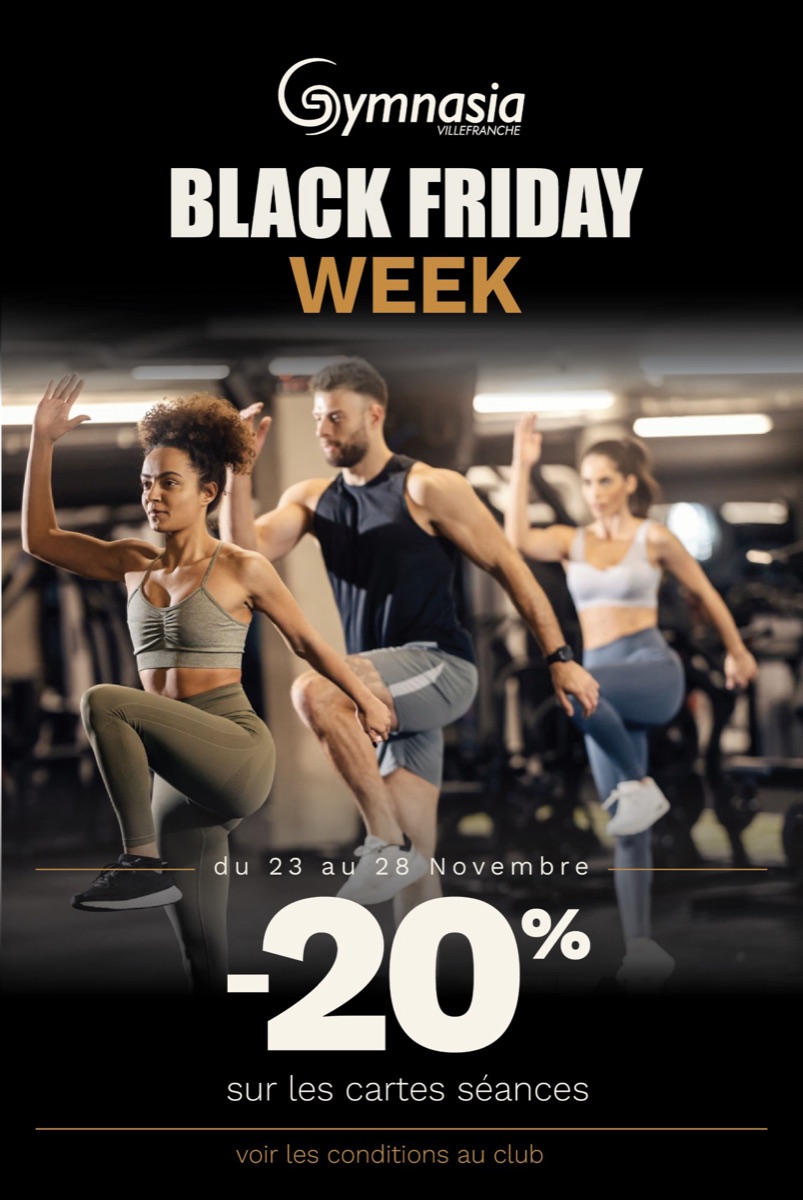 Affiche Black Friday Week 2026 : −20 % sur les cartes séances, du 23 au 28 novembre, Gymnasia Villefranche-de-Lauragais.